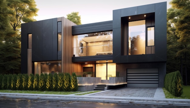 A black house with a garage door and a garage door.