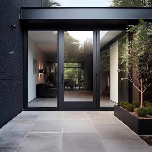 a black house with a large window and a small tree in the foreground.