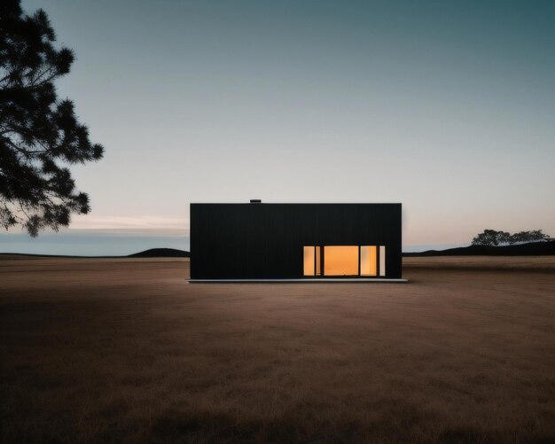 A black house with a yellow light on the top of it