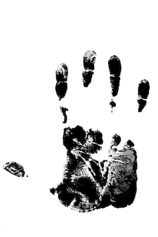Impronta nera palmo destro persona mano su sfondo bianco.