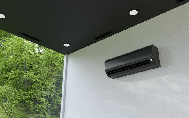 black indoor air conditioner unit on a white wall with a large window 3d
