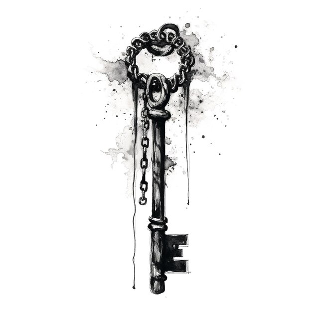 Photo black ink brush of a key in a chain