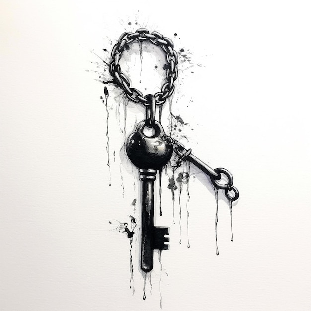 Photo black ink brush of a key in a chain