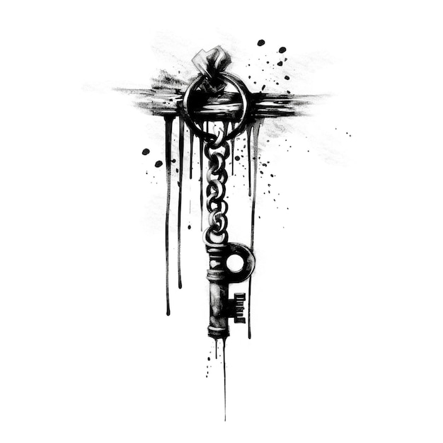 Black ink brush of a key in a chain