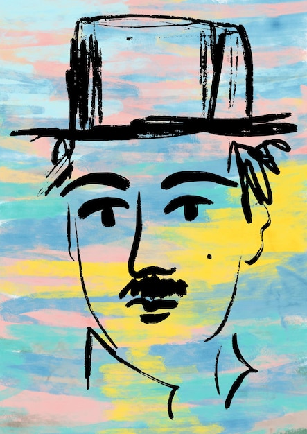 Black Ink Charlie Chaplin Inspired Comedian Man Portrait Illustration Line Art Human Face