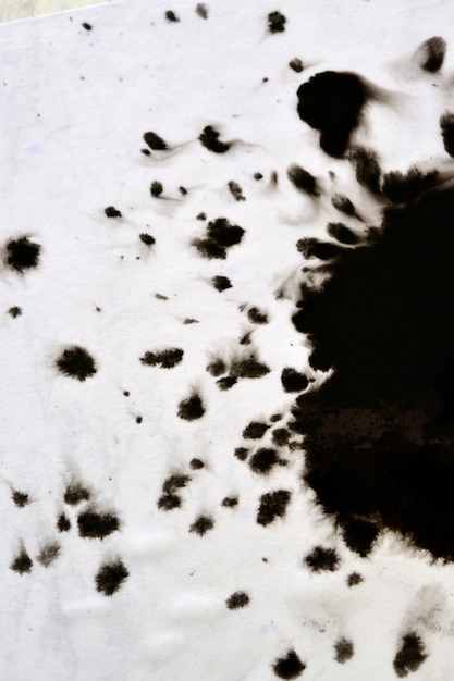 Black Ink Conveyed Over White Close-up Paper. Abstract Background isolated on white background. Ink Stains Spread Out and Absorbed Into the Paper Macro.