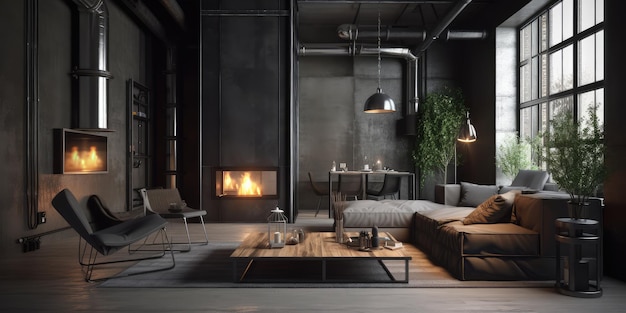 Черный дизайн интерьера роскошной гостиной с камином