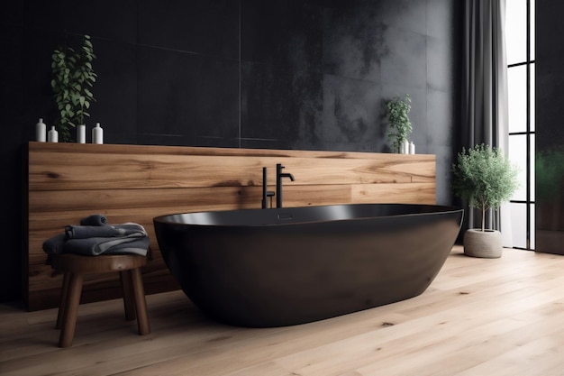 Black interior home white wood furniture bathroom modern design luxury bathtub Generative AI