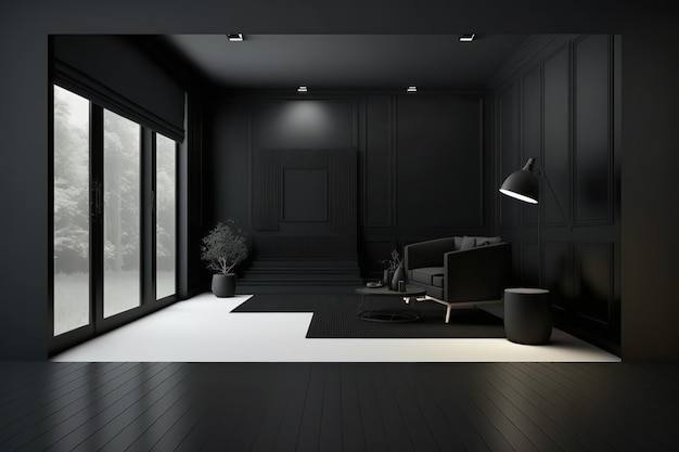 Black interior luxury style Living room with dark walls Minimalistic apartment design Generative Ai