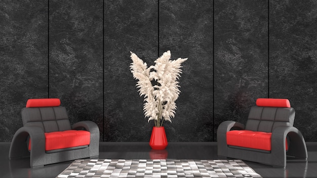 모형, 3d 일러스트를위한 검은 색과 빨간색 안락 의자가있는 검은 색 인테리어