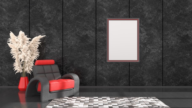 Черный интерьер с черно-красными рамами и кресло для макета, 3d иллюстрация