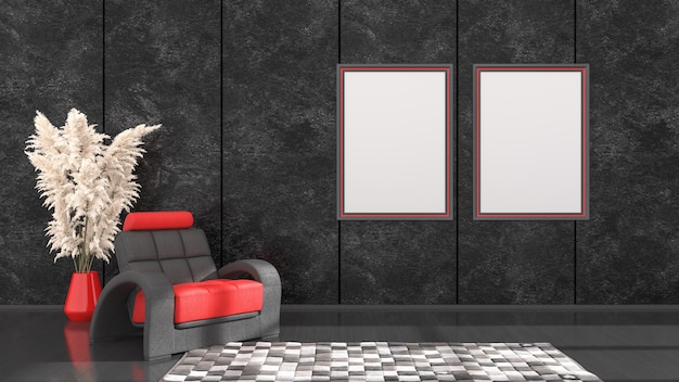 Interno nero con cornici nere e rosse e una poltrona per mockup, illustrazione 3d