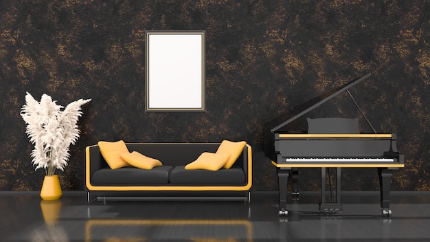 Черный интерьер с черно-желтым роялем, диваном и рамкой для макета, 3d иллюстрация