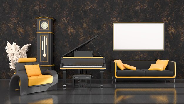 Interno nero con pianoforte a coda nero e giallo, orologio vintage e cornici per mockup, illustrazione 3d