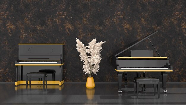 Black interior with black and yellow piano and grand piano, 3d illustration