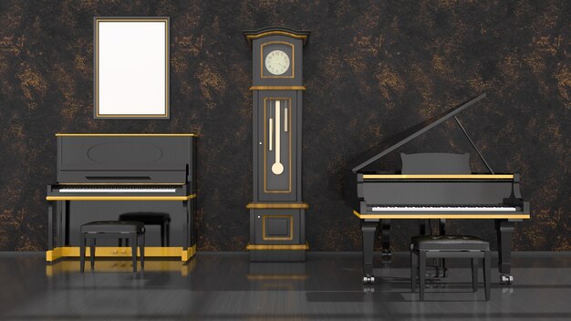 Interno nero con pianoforte nero e giallo, pianoforte a coda e cornice per mockup, illustrazione 3d