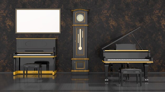 Interno nero con pianoforte nero e giallo, pianoforte a coda e cornice per mockup, illustrazione 3d