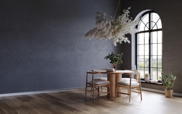 Black interior with dark concrete walls arch window and flower cloud over the wooden table 3d rend