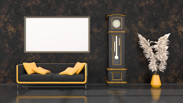 Черный интерьер с современным черно-желтым диваном, часами и рамками для макета, 3d иллюстрация