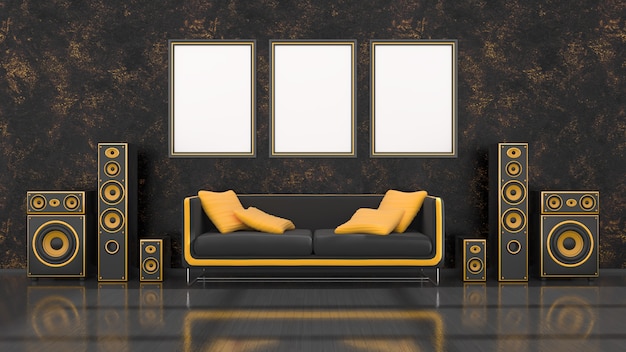 Black interior with modern design black and yellow speaker system, sofa and frame for mockup, 3d illustration