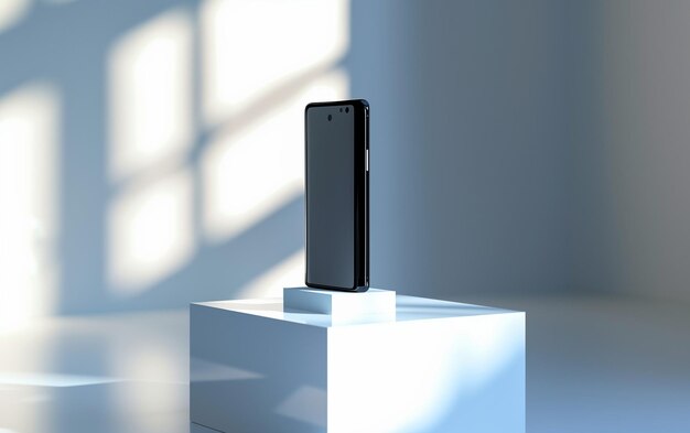 Photo a black iphone sits on a white box with the sun shining on it