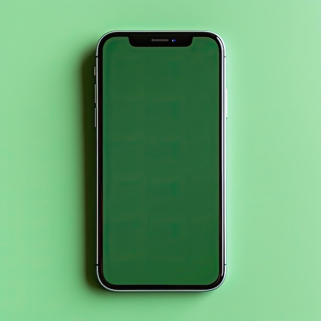 A black iphone with a green screen on a green background.