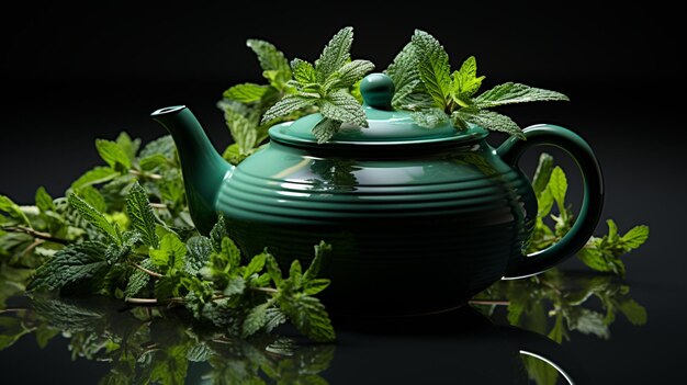 Foto teiera asiatica in ferro nero con rametti di menta per tè generative ai