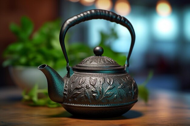 Black iron asian teapot with sprigs of mint for tea