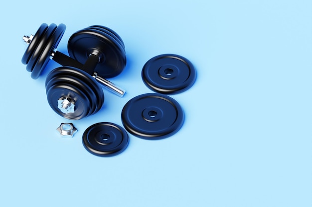 Photo black iron dumbbells with disassembled plates on blue isolated background 3d rendering