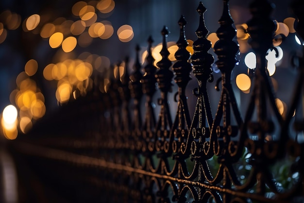 A black iron fence with a yellow light in the background