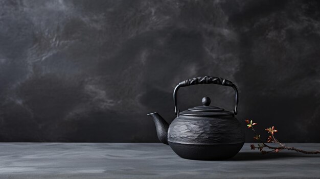Photo black iron teapot for brewing teaon a black stone