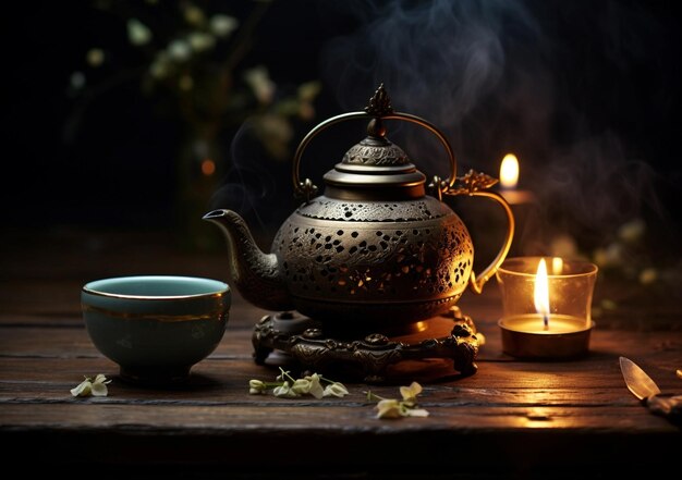 Black iron teapot in traditional asian style on dark wooden background