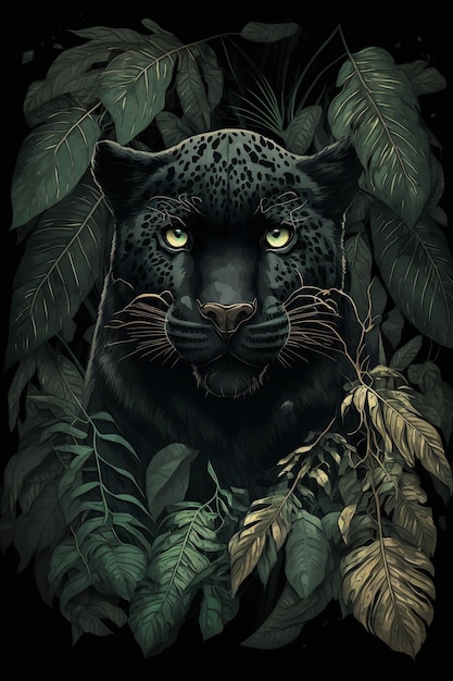 A black jaguar is in the jungle with green leaves.