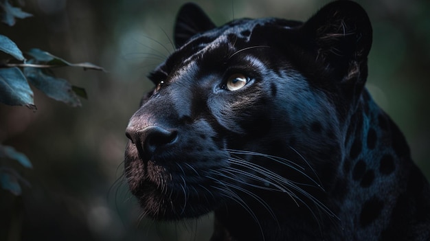 Photo a black jaguar is looking up at the sky.