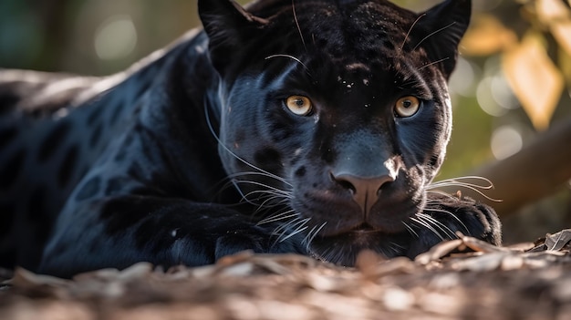 A black jaguar is lying on the ground.