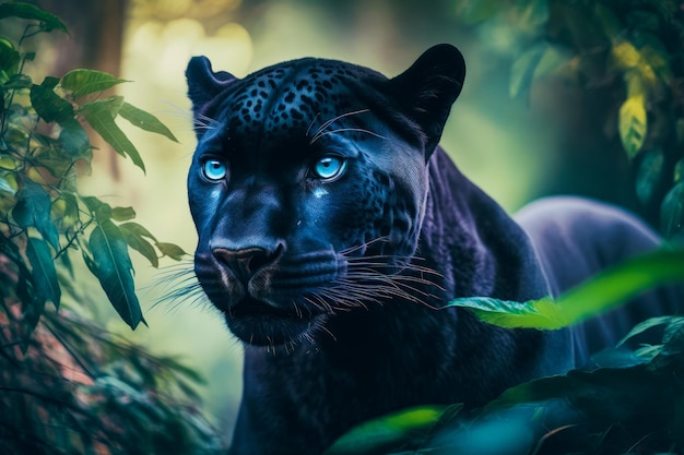 Premium Photo | Black jaguar with blue eyes in the jungle generative ai