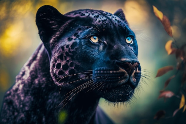 Black jaguar with blue eyes in the woods Generative AI