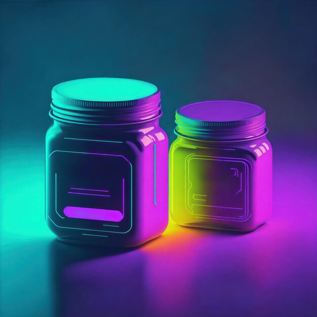 black jar design mockup bottle glass with cap neon lights cyberpunk theme