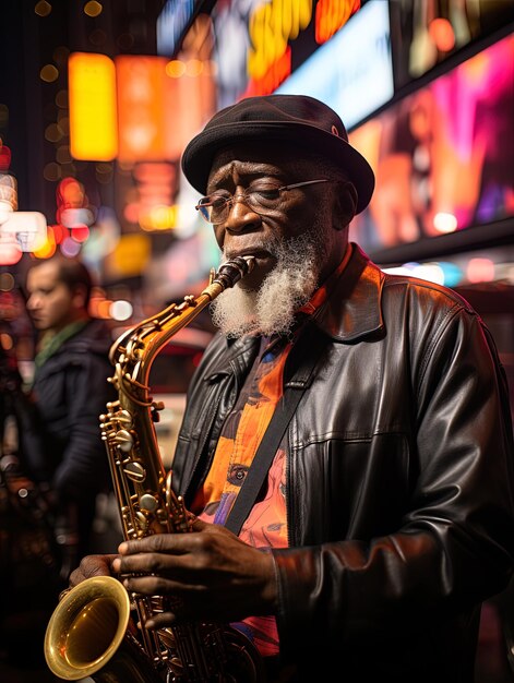 Black jazz musician playing saxophone in the street