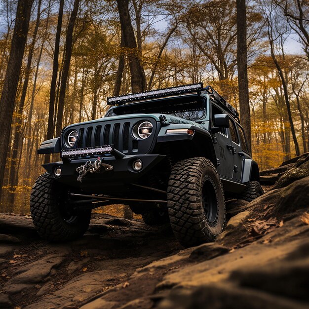 Photo black jeep climbing on a rocks