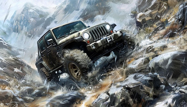 black jeep climbing on a rocks