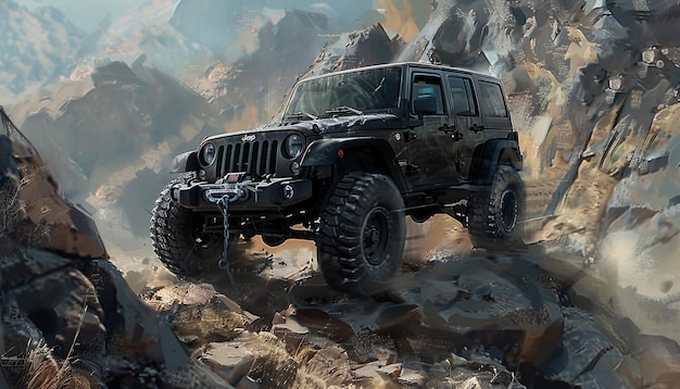 black jeep climbing on a rocks