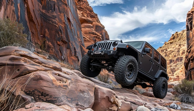 black jeep climbing on a rocks