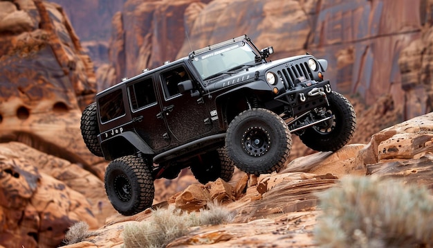black jeep climbing on a rocks