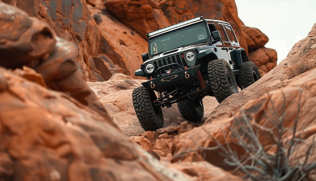 black jeep climbing on a rocks