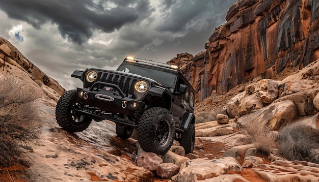 black jeep climbing on a rocks