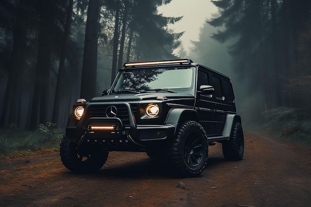 Photo a black jeep on a dirt road with trees in the background