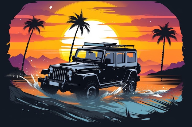 A black jeep is driving through the water with palm trees in the background.