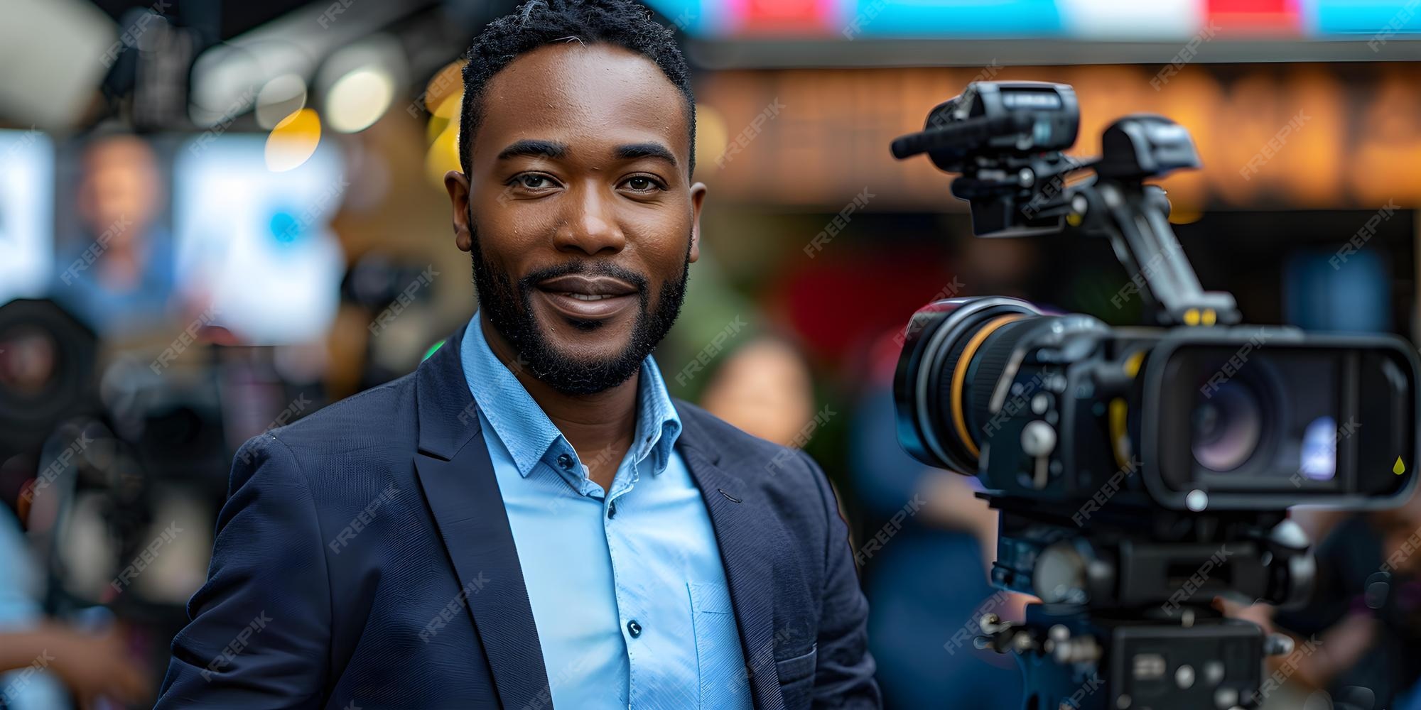 Premium Photo Black journalist with microphone gestures during