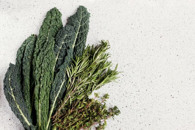 Black kale leaves rosemary and thyme